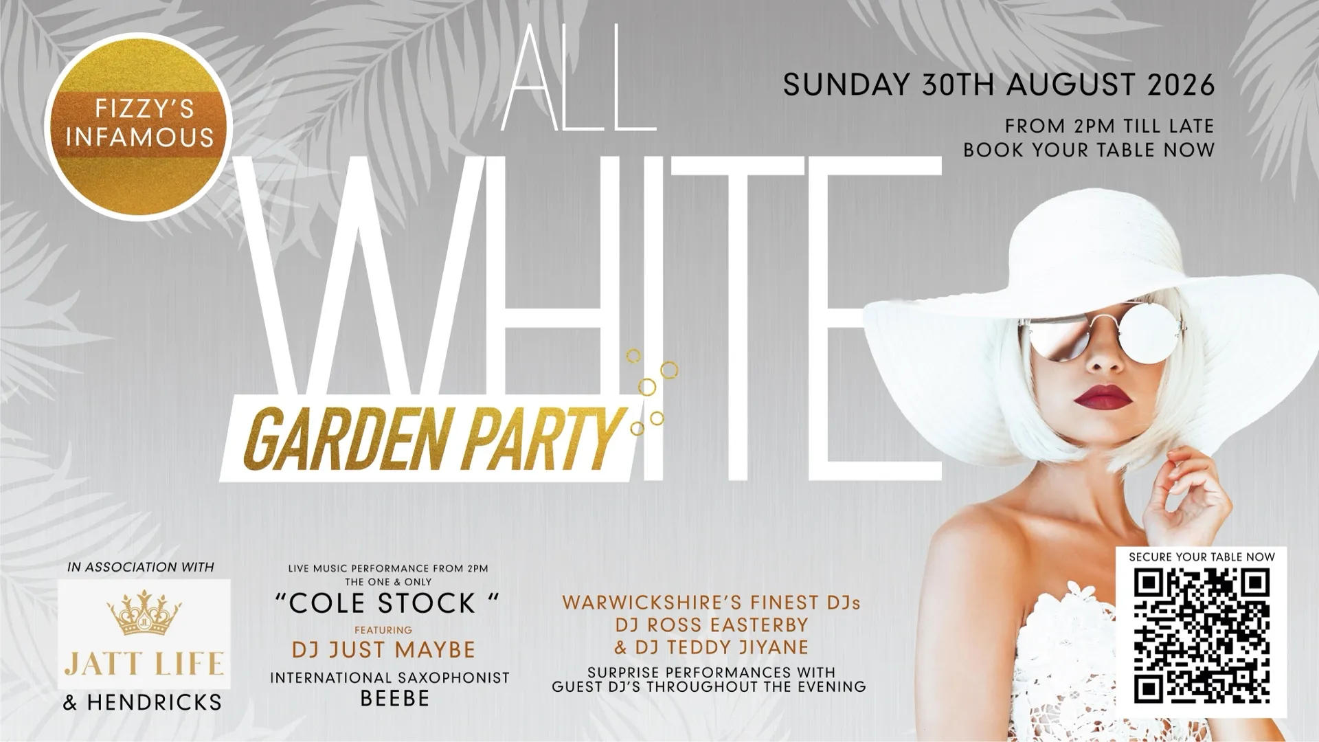 Fizzy's Infamous All White Garden Party at Fizzy Moon Brewhouse, Leamington Spa — Sunday 30th August 2026, from 2pm till late. Live music, saxophone and DJs.