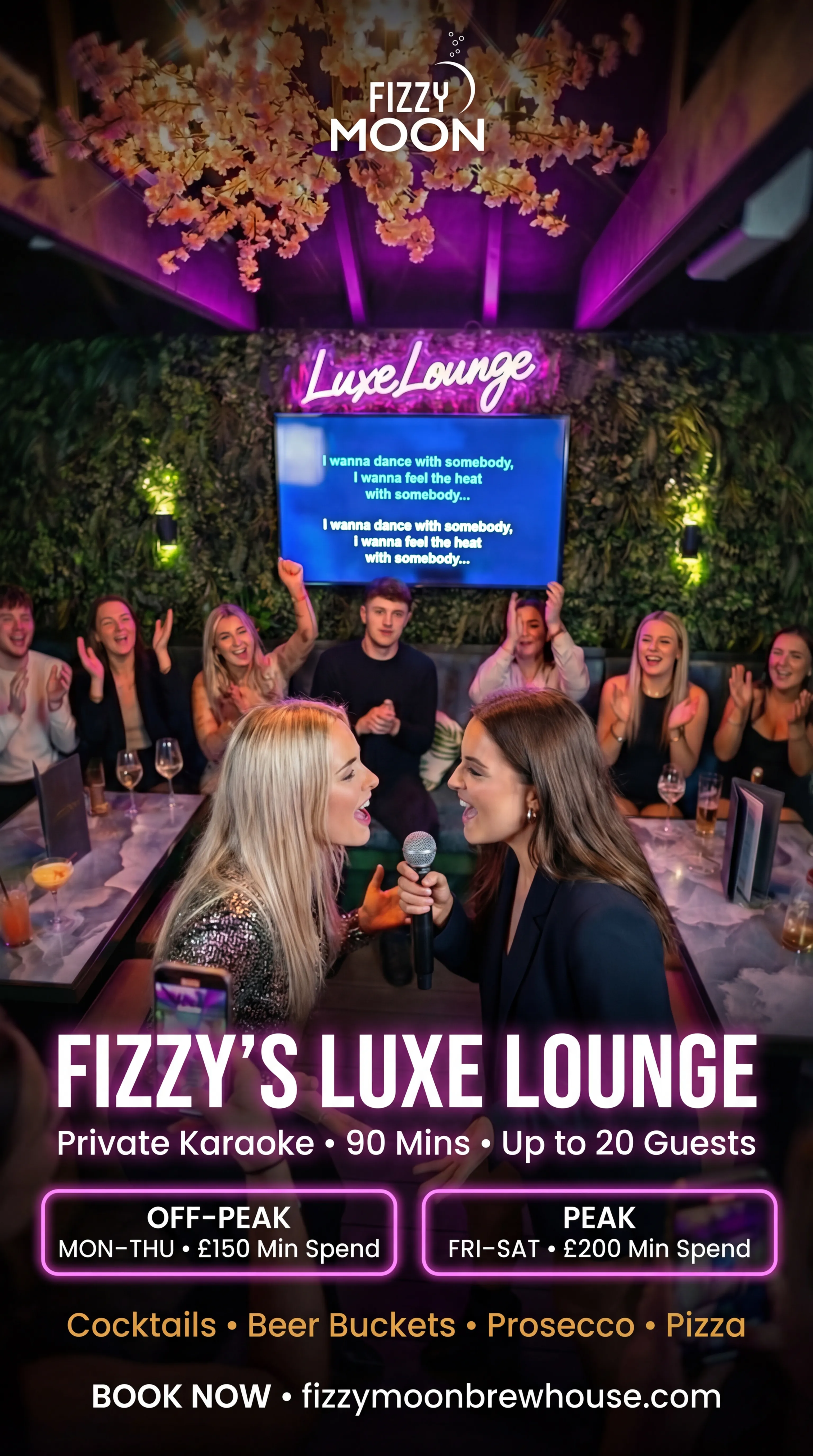 Luxe Lounge private karaoke booth with neon lighting at Fizzy Moon