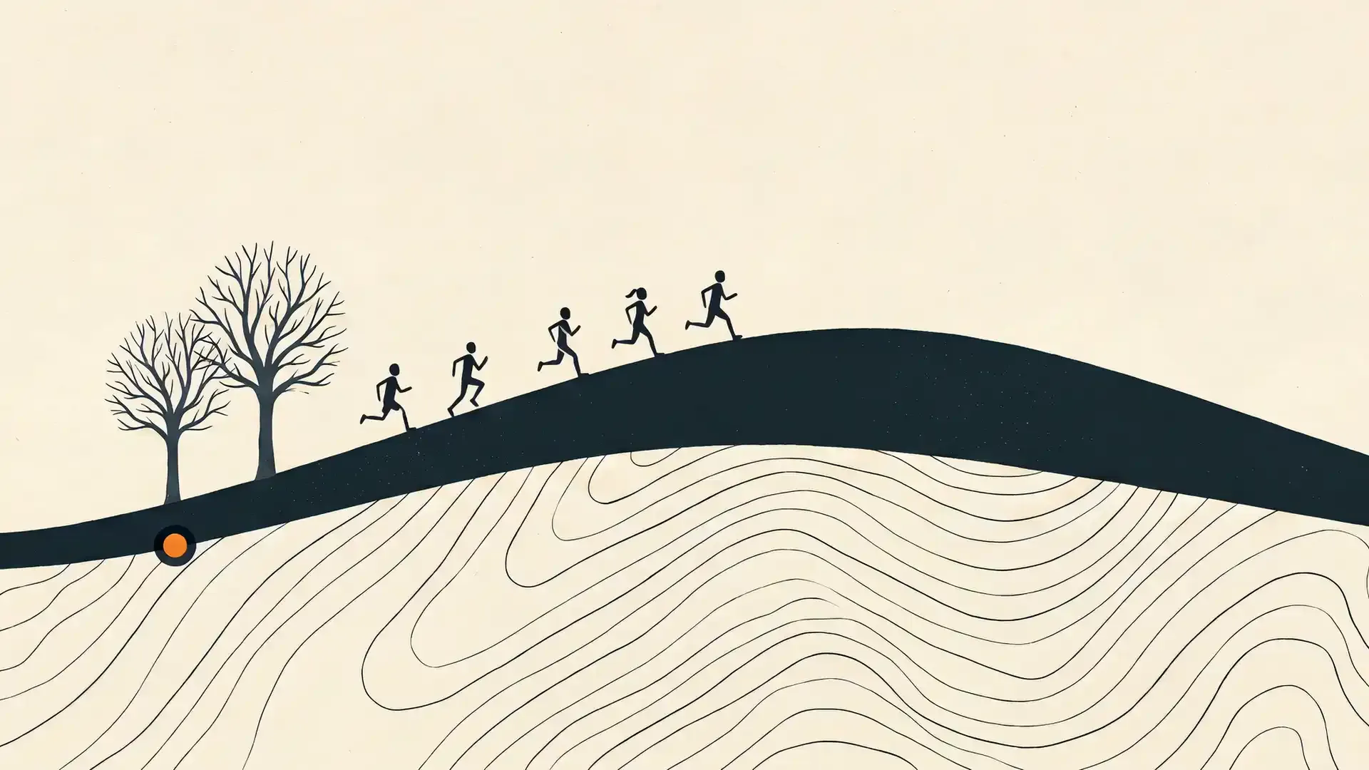 Illustration of runners cresting a hill — Fizzy Moon Members Run Club, 5K every Saturday at 11am